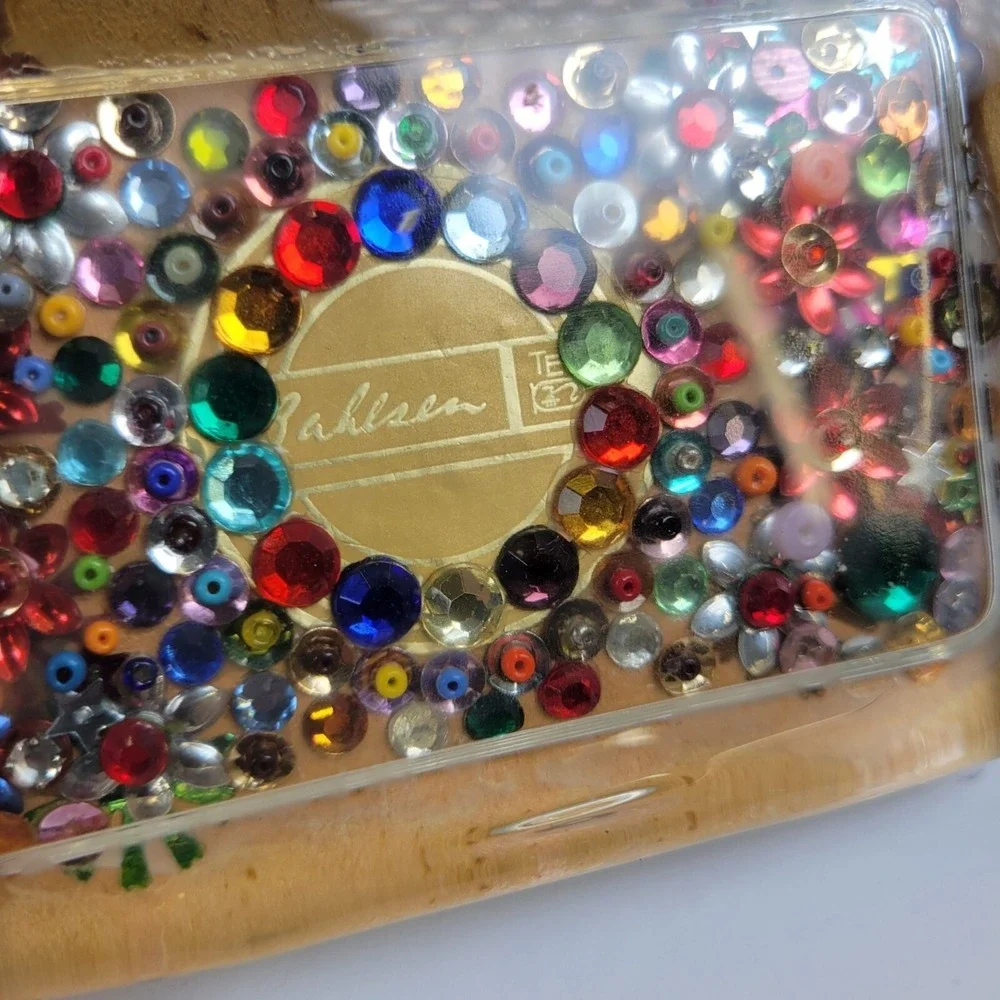 Vintage Lucite Paperweight Multicolored Rhinestones Beads Felt Backing 4